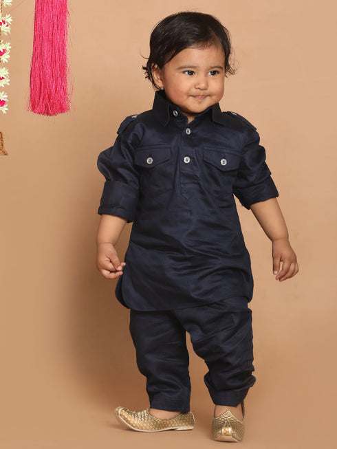 Sishu Boy's Blue Pure Cotton Pathani Kurta With Pyjama Set